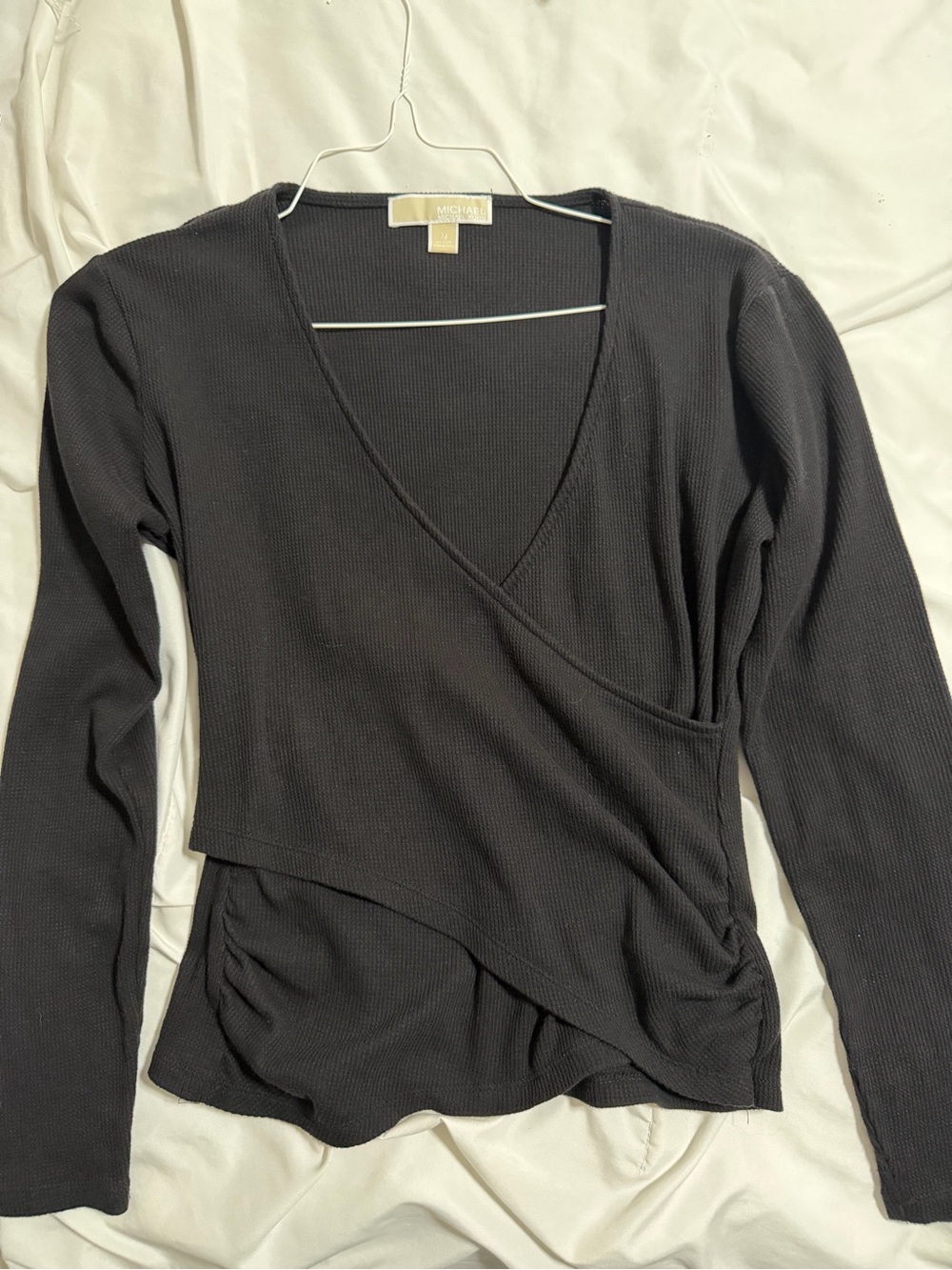 Michael Kors Black Long-Sleeve Wrap-Style Ribbed Top
